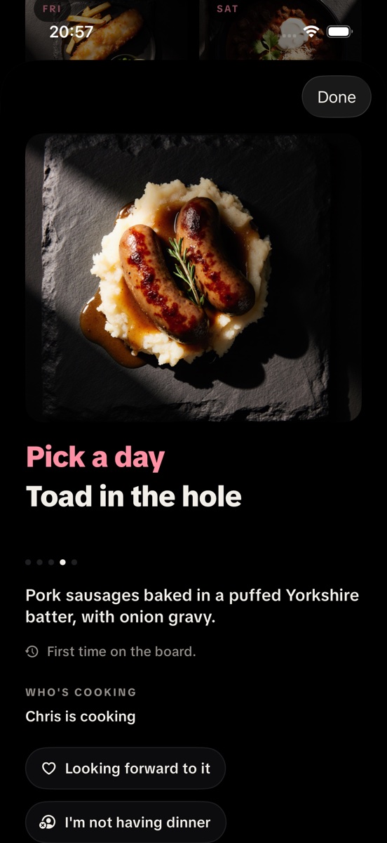 A dinner's own page: the photograph, the day, and who is looking forward to it.